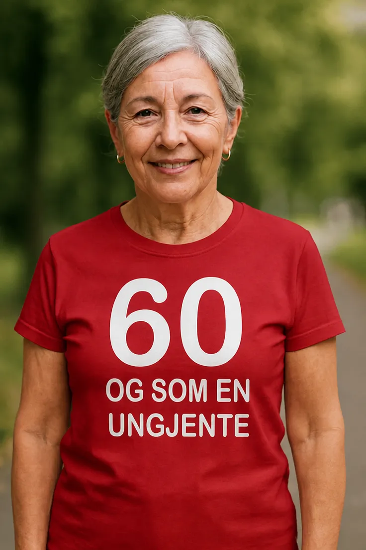 Morsom t-skjorte 60 og som ungjente med teksten 60 OG SOM EN UNGJENTE