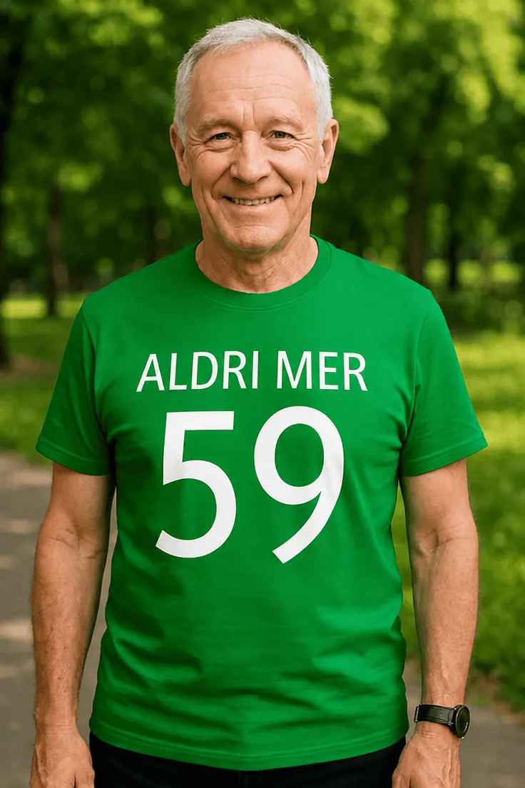 Morsom t-skjorte Aldri mer 59 med teksten ALDRI MER 59