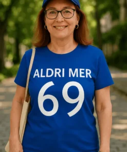 Morsom t-skjorte Aldri mer 69 med teksten ALDRI MER 69