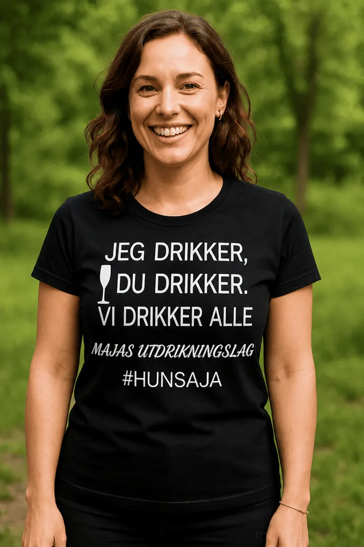 Morsom t-skjorte Alle drikker utdrikningslag med navn for utdrikningslag med personlig navn