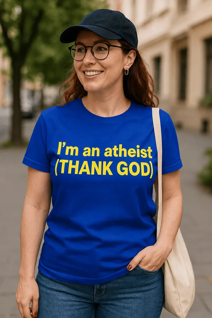 Morsom t-skjorte Ateist takk Gud med teksten I'm an atheist (THANK GOD)