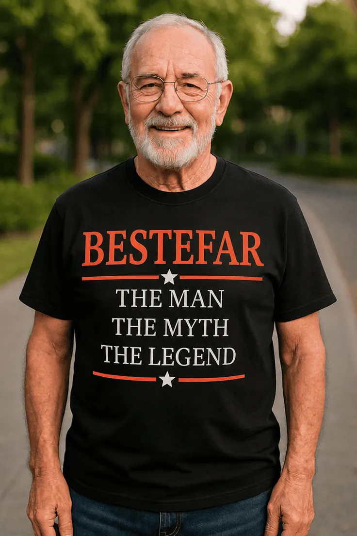 Morsom t-skjorte Bestefar legenden med teksten BESTEFAR THE MAN THE MYTH THE LEGEND