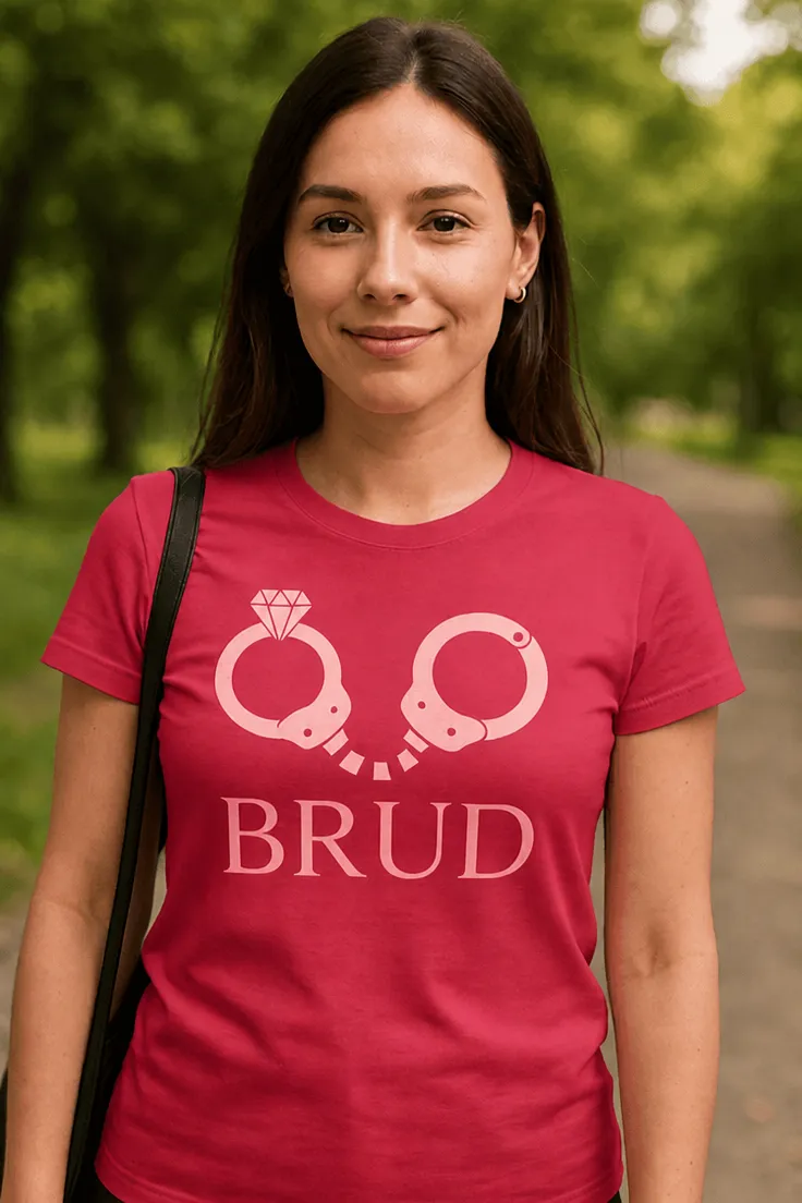 Morsom t-skjorte Brud med teksten BRUD på trykket