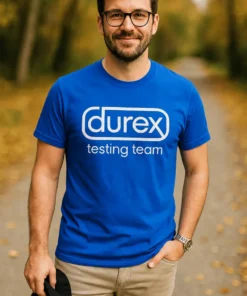 Morsom t-skjorte Durex testteam med teksten (durex) testing team