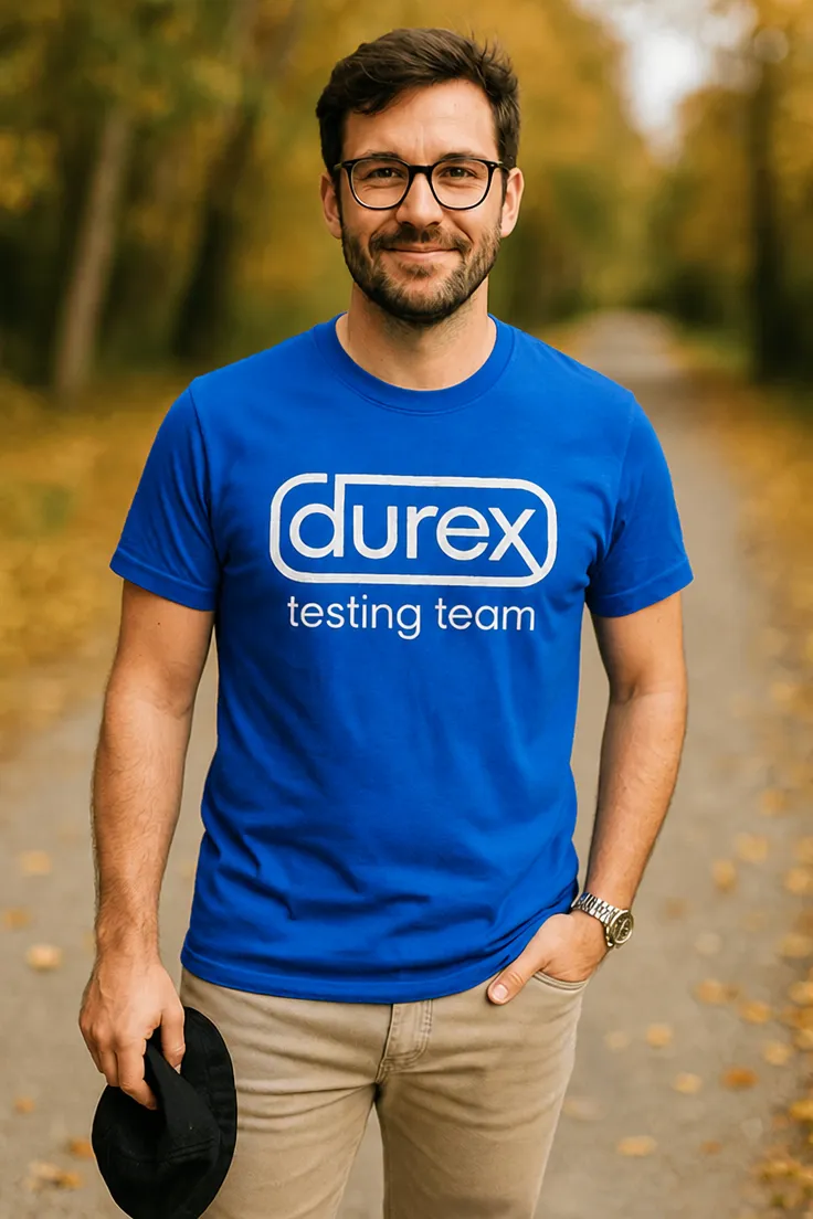 Morsom t-skjorte Durex testteam med teksten (durex) testing team