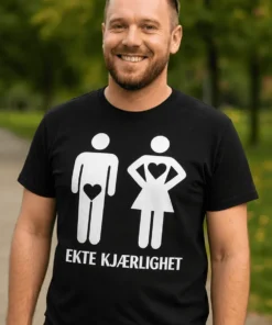 Morsom t-skjorte Ekte kjærlighet med teksten EKTE KJÆRLIGHET