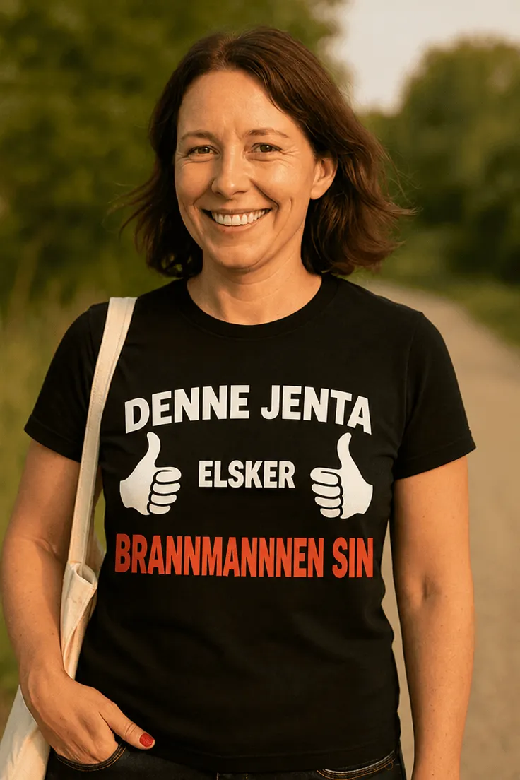 Morsom t-skjorte Elsker brannmannen sin med trykket DENNE JENTA ELSKER BRANNMANNEN SIN