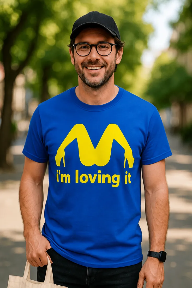 Morsom t-skjorte Elsker det med teksten M i'm loving it på trykket