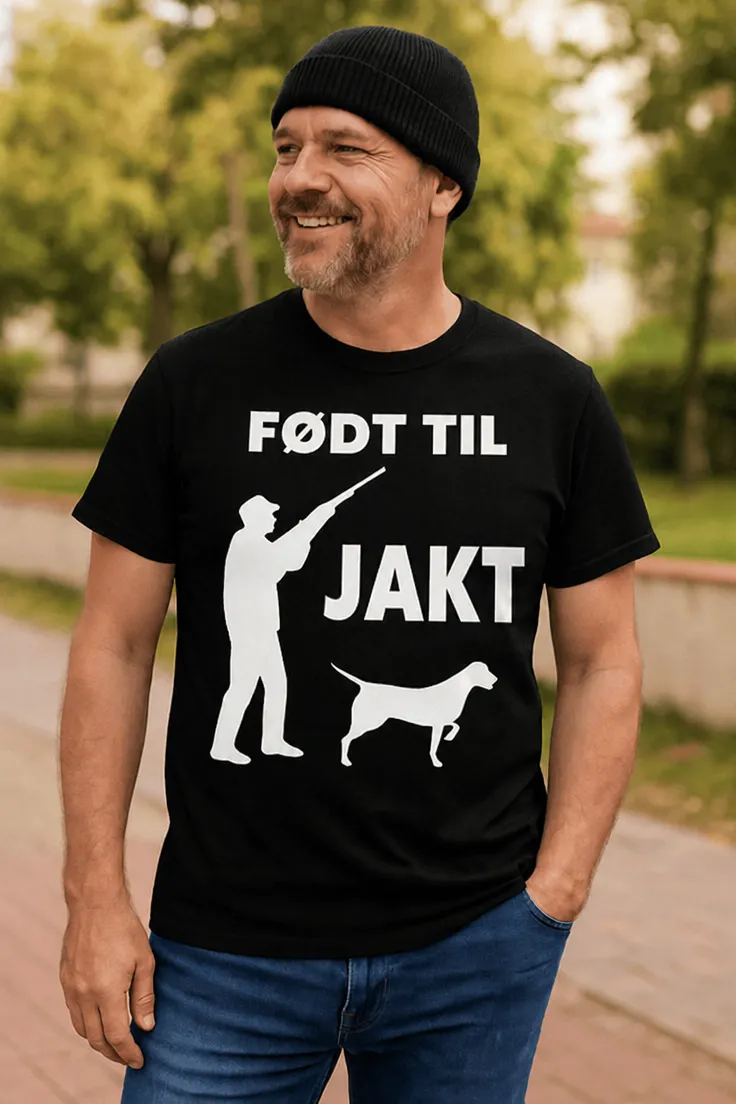 Morsom t-skjorte Født til jakt med teksten FØDT TIL JAKT
