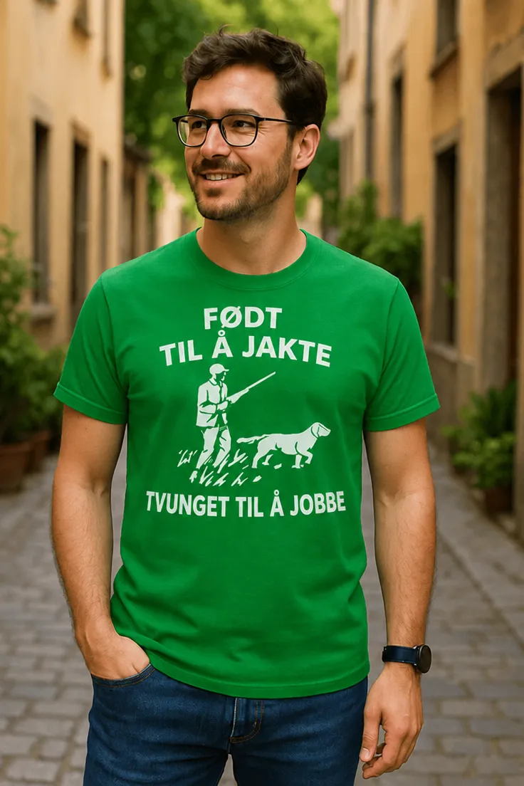 Morsom t-skjorte Født til jakt med jaktmotiv og humoristisk tekst