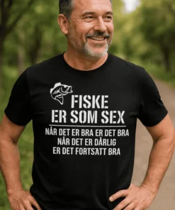 Morsom t-skjorte Fiske er som sex med humoristisk fisketema som gave