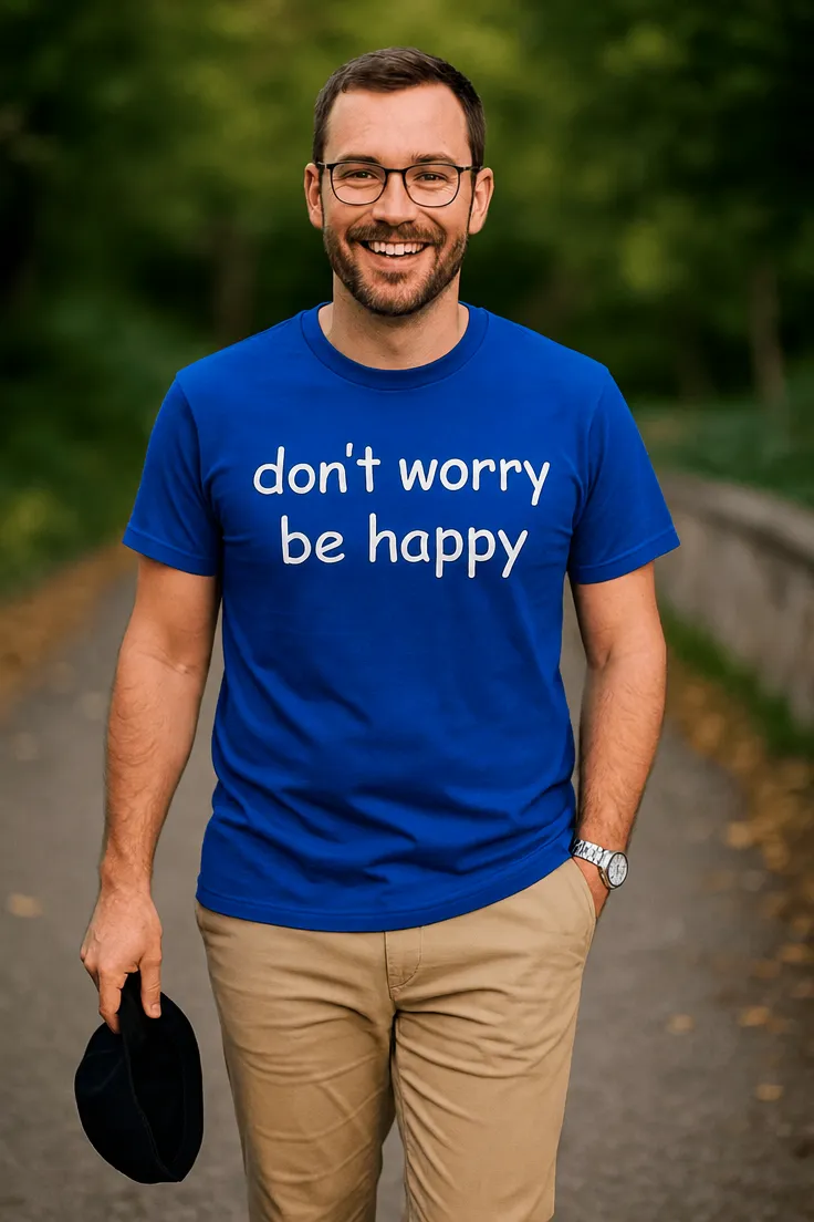 Morsom t-skjorte Ikke bekymre deg vær glad med trykket don't worry be happy