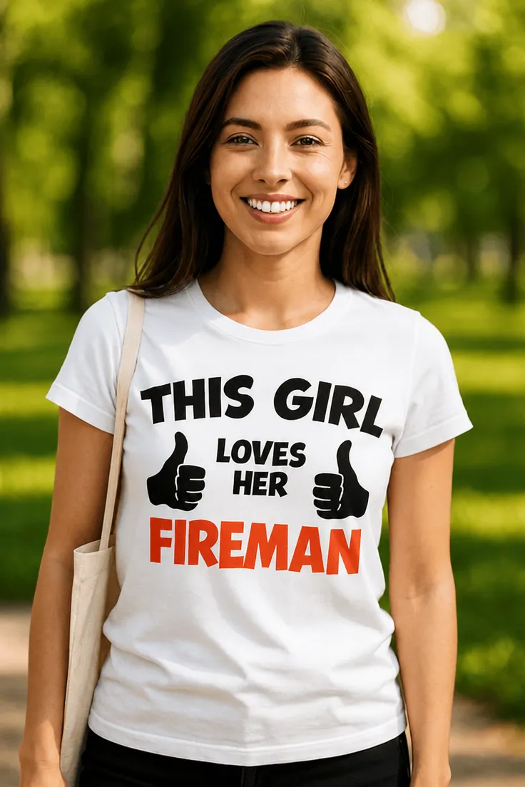 Morsom t-skjorte Jenta elsker brannmannen sin med teksten THIS GIRL LOVES HER FIREMAN