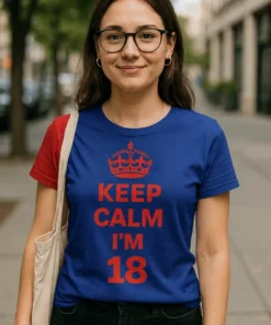 Morsom t-skjorte Keep calm 18 år med teksten KEEP CALM I'M 18