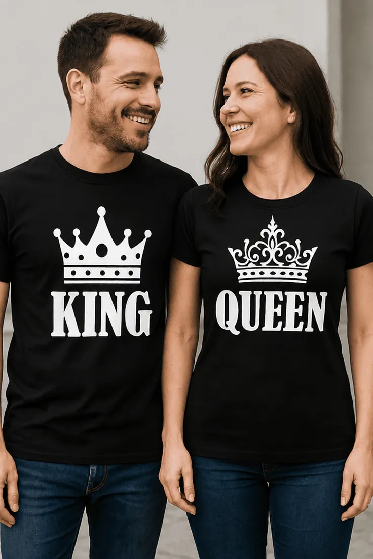 Morsom t-skjorte Konge dronning sett med teksten KING QUEEN