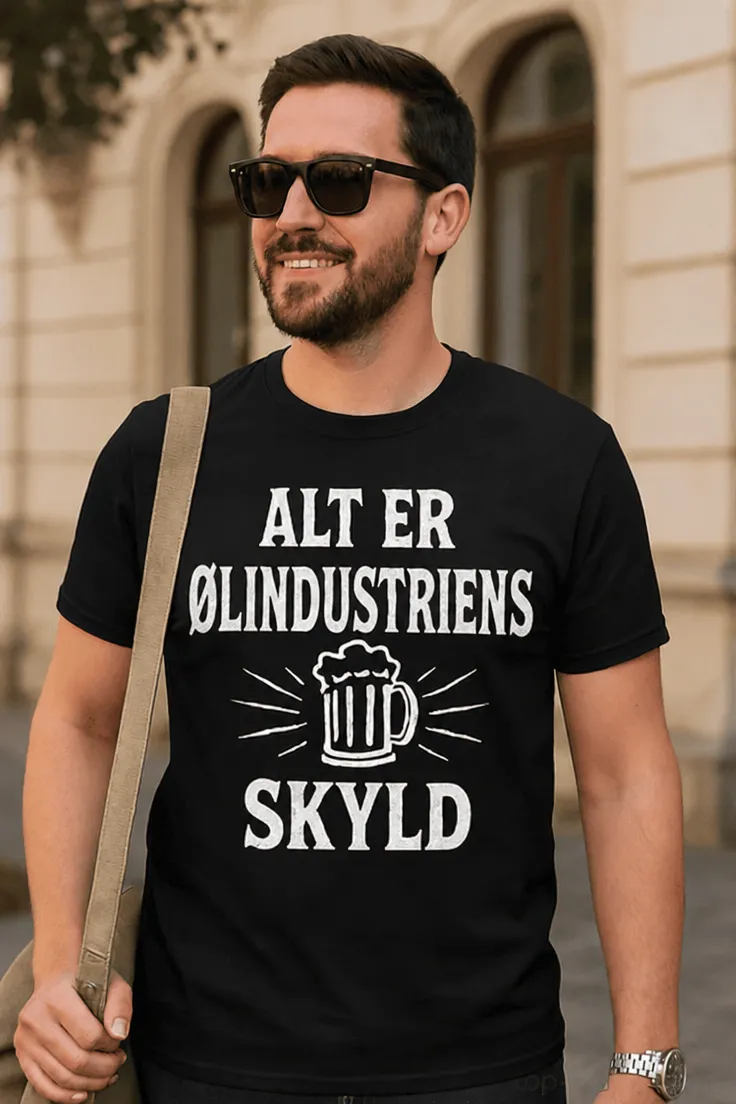 Morsom t-skjorte Ølindustrien har skylden med trykket ALT ER ØLINDUSTRIENS SKYLD