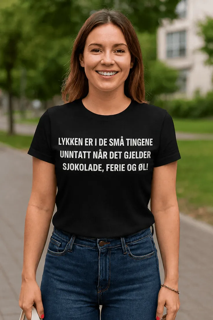Morsom t-skjorte Lykke i små ting med teksten LYKKEN ER I DE SMÅ TINGENE UNNTATT NÅR DET GJELDER SJOKOLADE, FERIE OG ØL!
