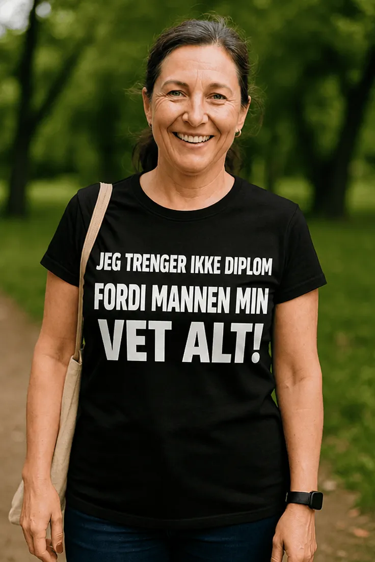 Morsom t-skjorte Mannen vet alt med teksten JEG TRENGER IKKE DIPLOM FORDI MANNEN MIN VET ALT!