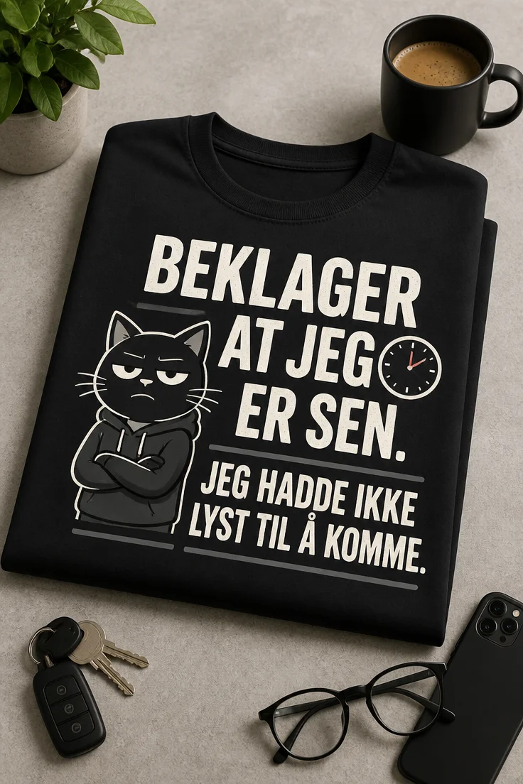 Svart t-skjorte med humoristisk, minimalistisk print: Beklager at jeg er sen. Jeg hadde ikke lyst til å komme.