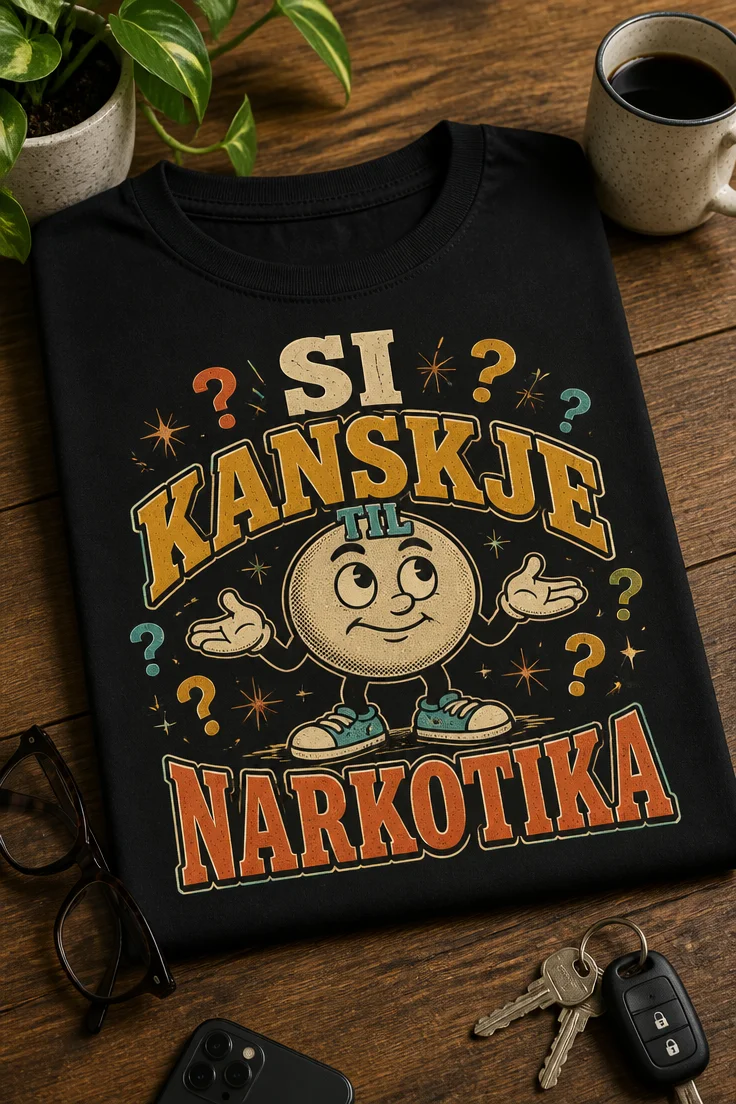 Vintage parodi t-skjorte med teksten SI KANSKJE TIL NARKOTIKA, retro figur, spørsmålstegn og distressed trykk