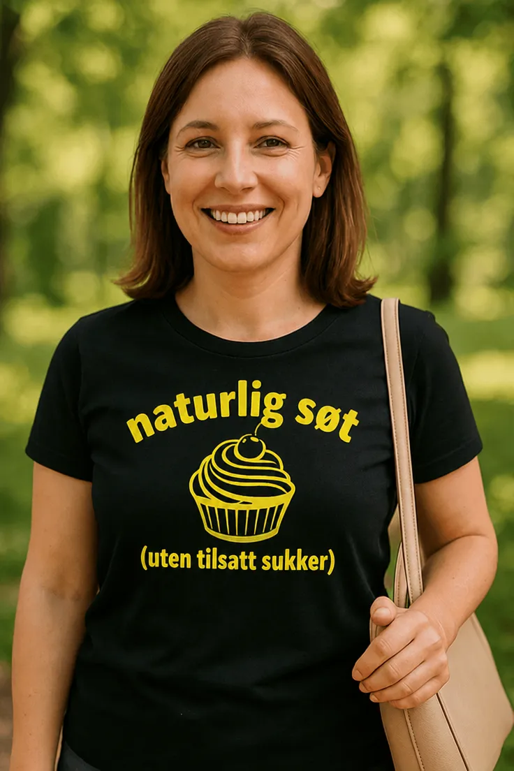 Morsom t-skjorte Naturlig søt uten sukker med teksten naturlig søt (uten tilsatt sukker)