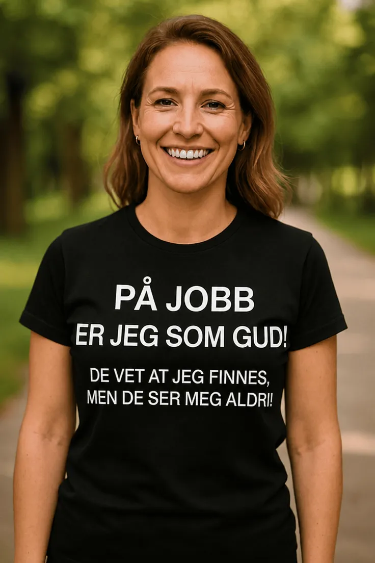 Morsom t-skjorte På jobb som gud med humoristisk kontor- og jobbtema