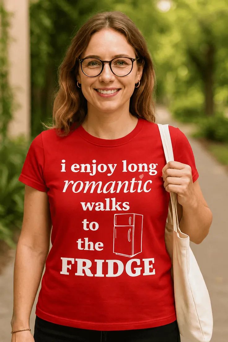 Morsom t-skjorte Romantiske turer til kjøleskapet med teksten i enjoy long romantic walks to the FRIDGE