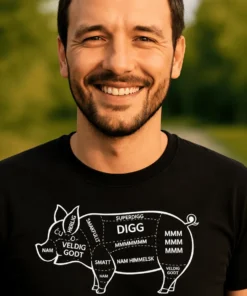 Morsom t-skjorte smakfulle deler med teksten SUPERDIGG DIGG MMMMMMM NAM HIMMELSK NAM SMATT VELDIG GODT HERLIG MMM SMAKFULLT