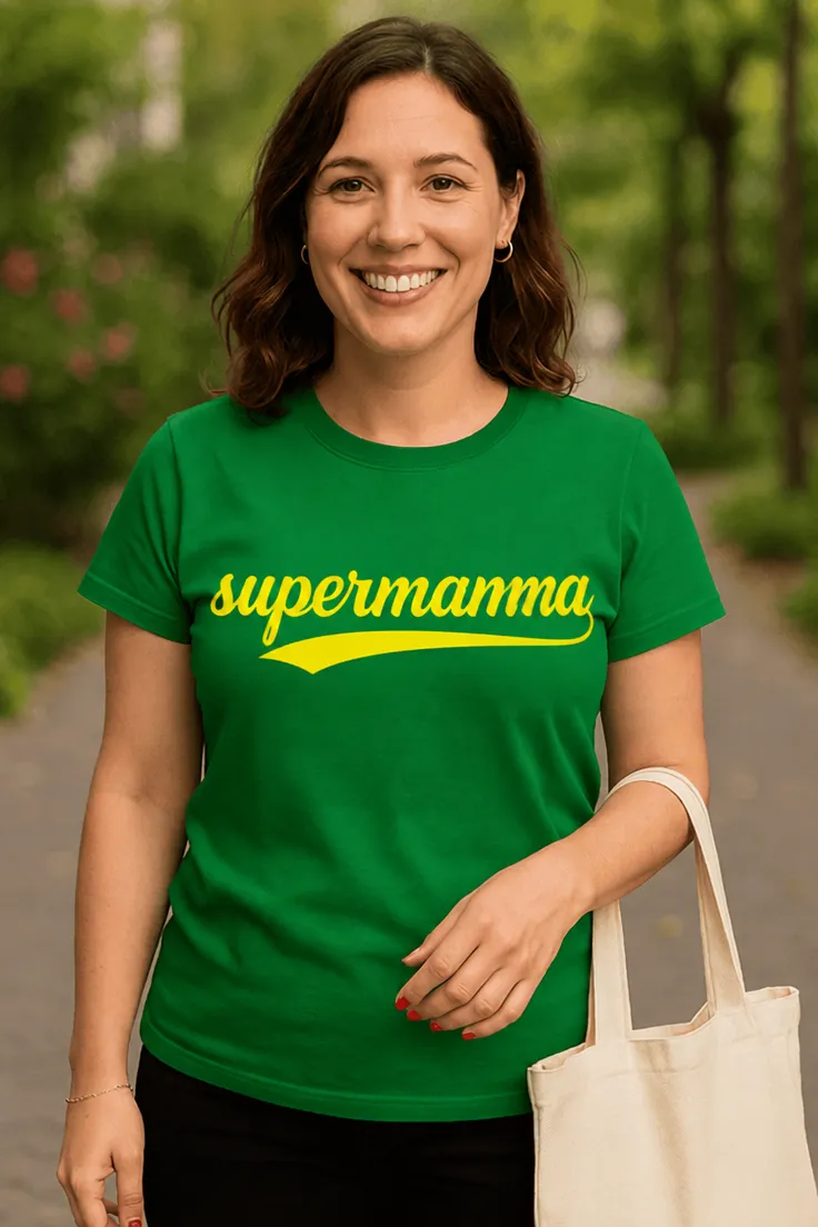 Morsom t-skjorte Supermamma til morsdag med teksten supermamma
