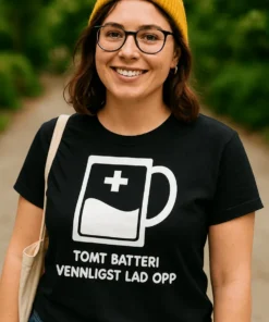 Morsom t-skjorte Tomt batteri med teksten TOMT BATTERI VENNLIGST LAD OPP