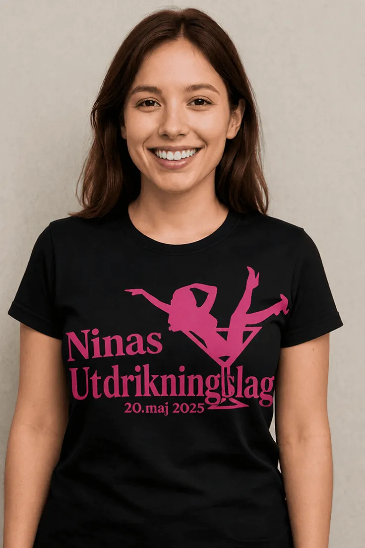 Morsom t-skjorte Utdrikningslag martiniglass med navn med teksten Ninas Utdrikningslag 20. mai 2025