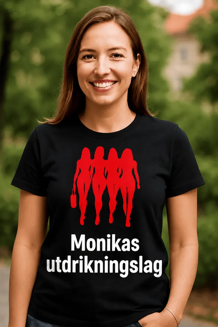 Morsom t-skjorte Utdrikningslag med navn med trykket Monikas utdrikningslag