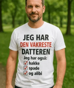 Morsom t-skjorte Vakreste datter og alibi med humoristisk gavebudskap for familie og fest
