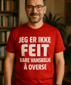 Morsom t-skjorte Vanskelig å overse med teksten JEG ER IKKE FEIT BARE VANSKELIG Å OVERSE