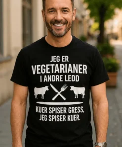 Morsom t-skjorte Vegetarianer i andre ledd med humoristisk grillmotiv og tekst for kjøttelskere