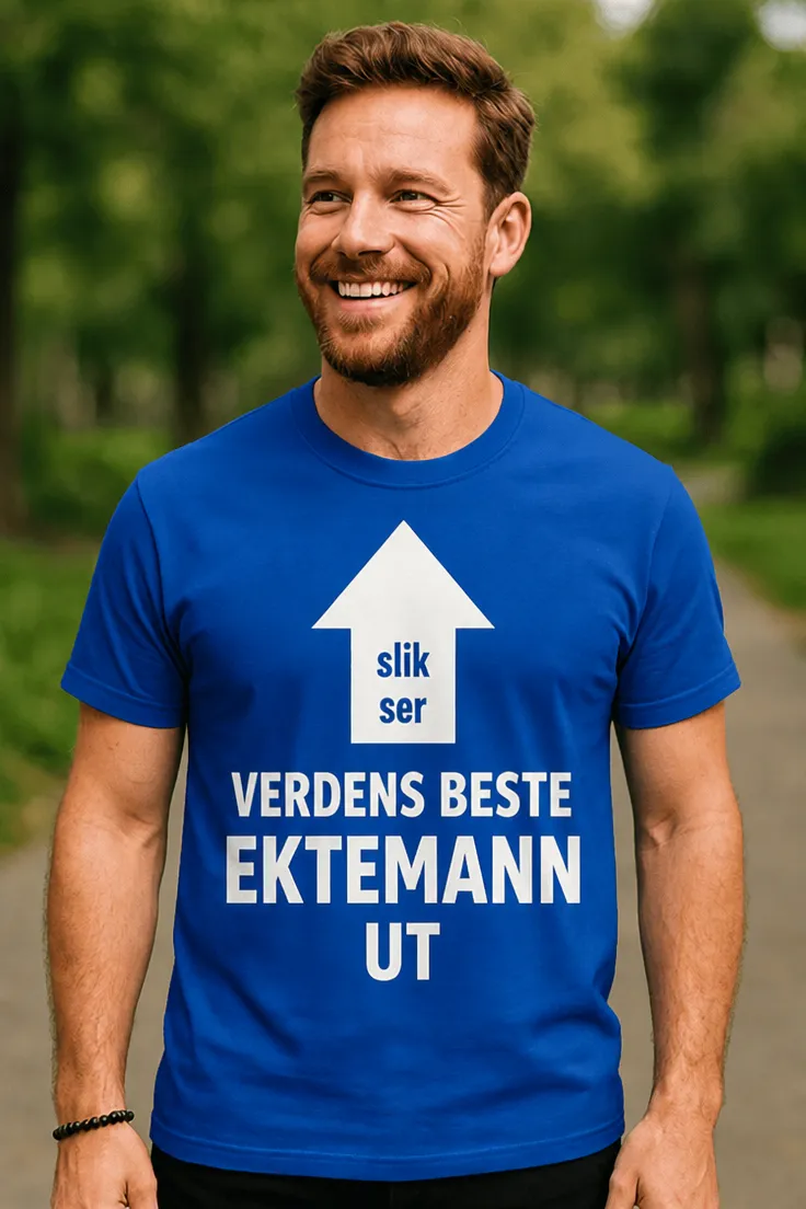 Morsom t-skjorte Verdens beste ektemann med teksten slik ser VERDENS BESTE EKTEMANN UT.