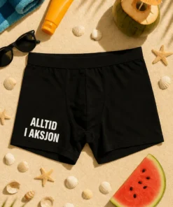 Morsomme boksershorts med teksten ALLTID I AKSJON som humoristisk gave