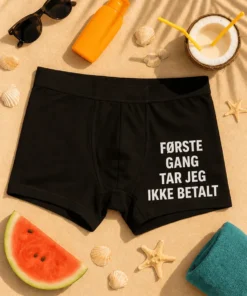 Morsomme boksershorts Første gang gratis med humoristisk design og teksten FØRSTE GANG TAR JEG IKKE BETALT.