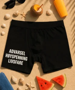 Morsomme boksershorts Høyspenning livsfare med varselskilt-design og teksten ADVARSEL HØYSPENNING LIVSFARE