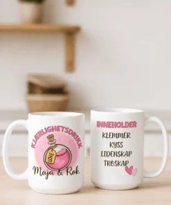 Morsomt krus kjærlighetsdrikk med navn med teksten KJÆRLIGHETSDRIKK LOVE Maja & Rok