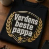 T-skjorte med retro badge og teksten Verdens beste pappa, laurbærkrans og stjerne i vintage gull og hvitt