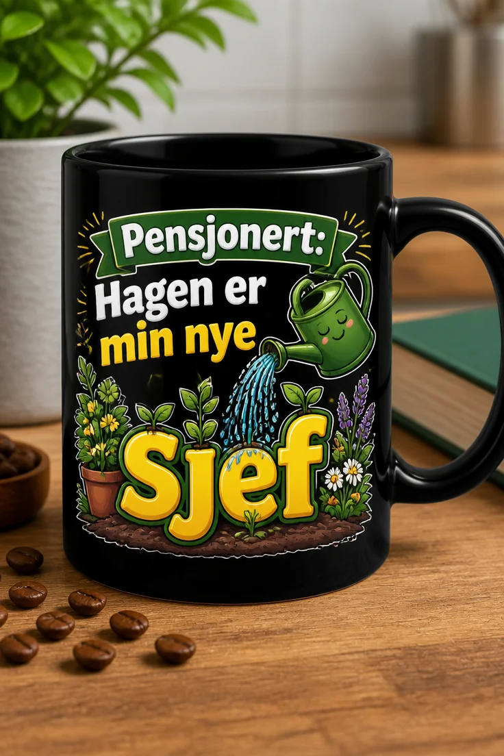 Krus med teksten «Pensjonert: Hagen er min nye sjef» i grønn og gul design med vannkanne og små spirer