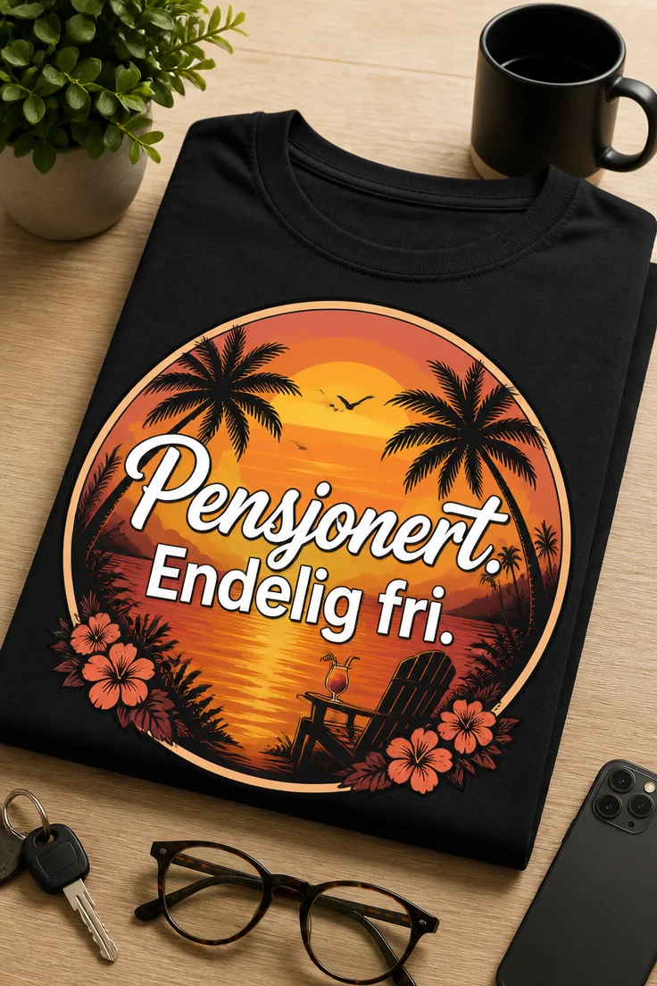Pensjonert t-skjorte med teksten "Pensjonert. Endelig fri." i en rund badge med solnedgang, palmer og retro ferieuttrykk.