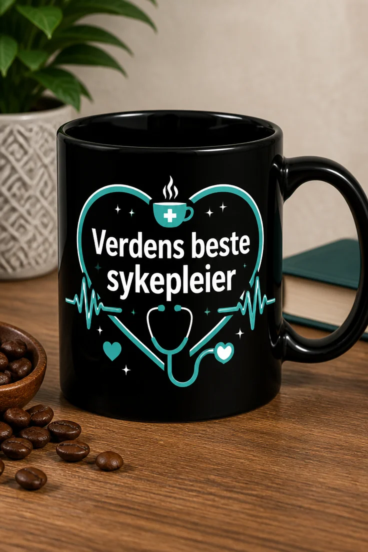 Krus med teksten Verdens beste sykepleier i moderne medisinsk teal og hvitt, med EKG-linje og hjerte