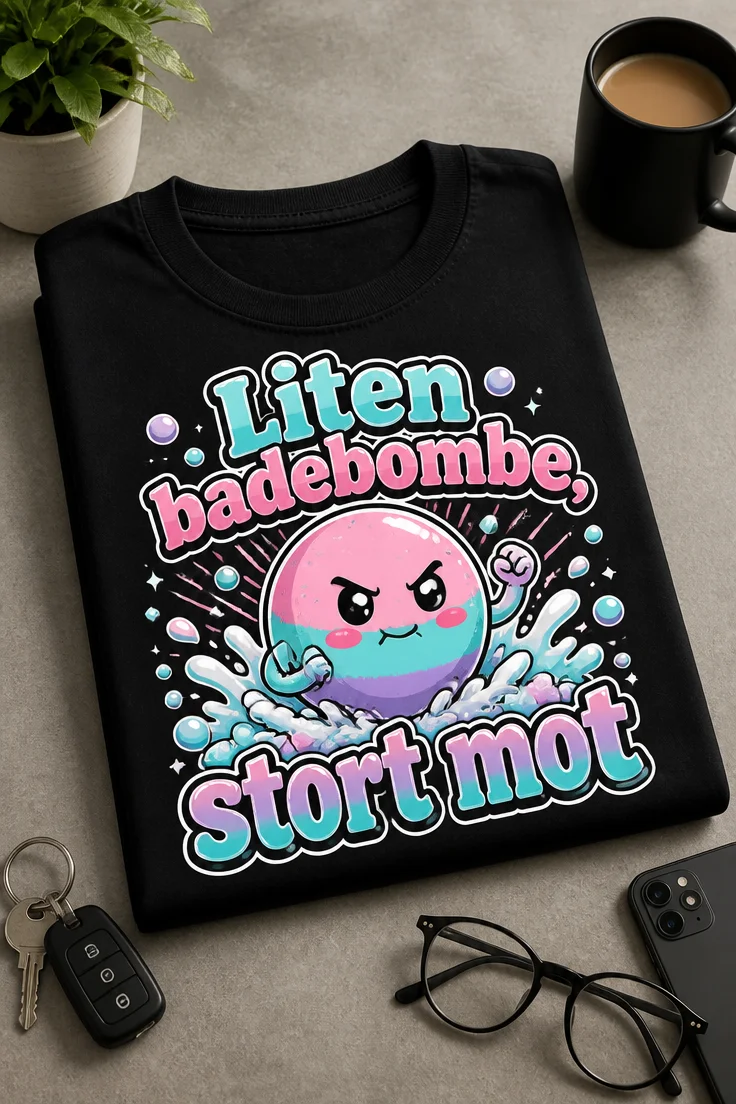 T-skjorte med teksten "Liten badebombe, stort mot" og en modig badebombe i tegneseriestil med bobler og små actionlinjer.