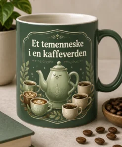 Krus med teksten «Et temenneske i en kaffeverden», med en stolt tekanne i sentrum og kaffekopper rundt i sage green og krem.